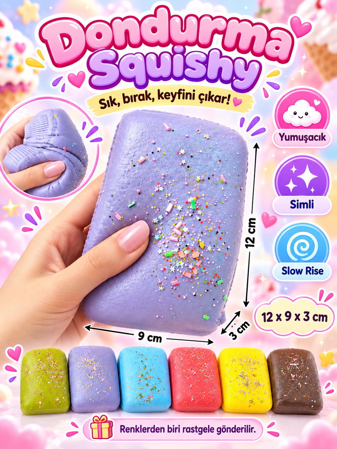 🍦 Simli Dondurma Squishy – Sık Bırak Yumuşak Oyuncak 12 × 9 × 3 cm